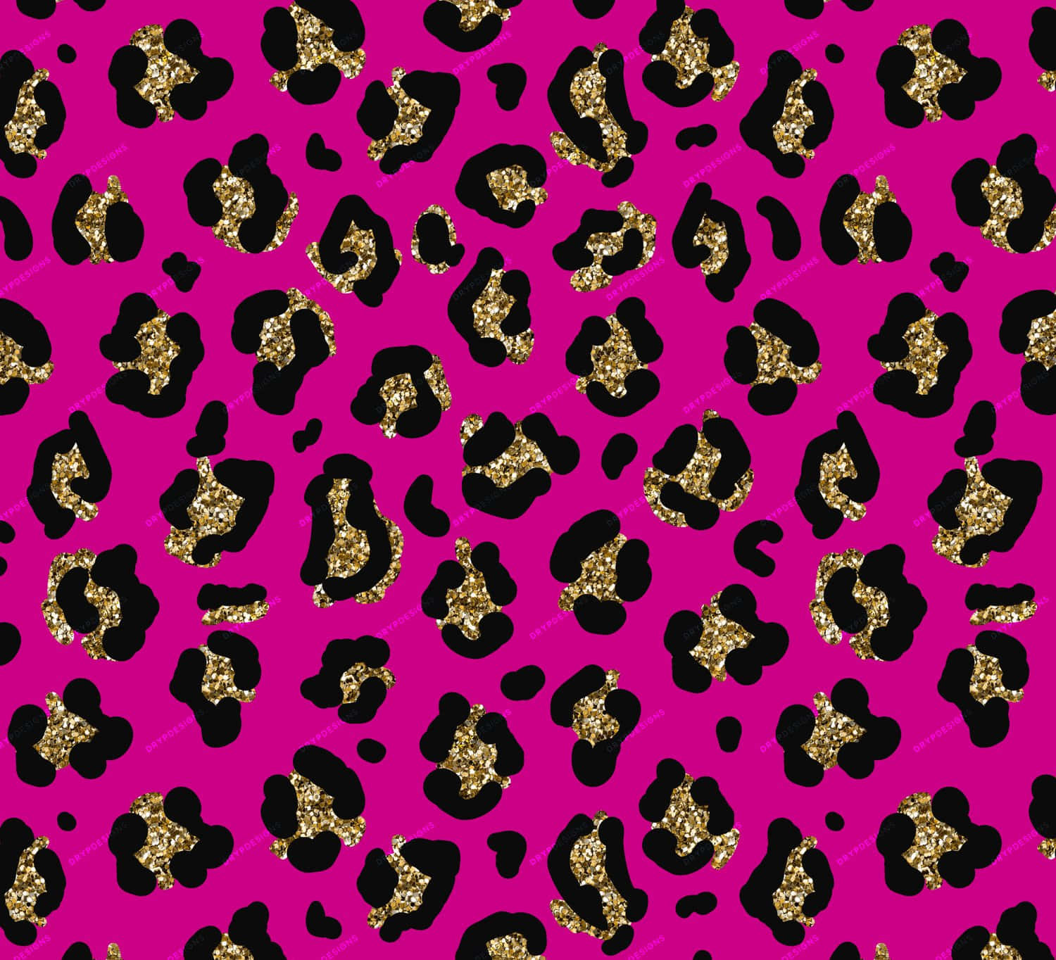 Vibrant pink background adorned with a striking glitter leopard print. The black leopard spots are partially filled with gold glitter, creating a glamorous and eye-catching pattern