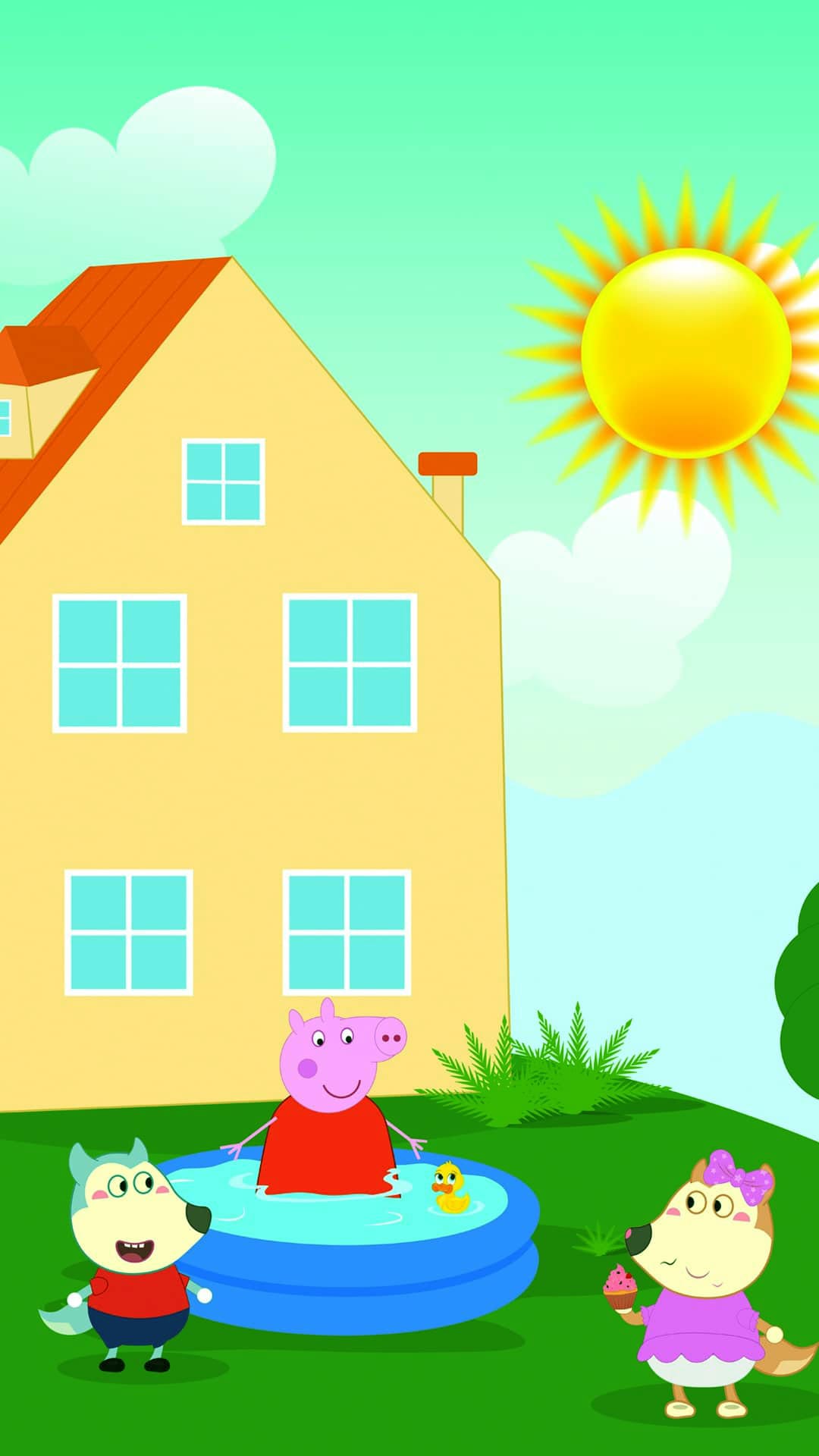 Peppa Pig enjoying a sunny day in her backyard pool with friends
