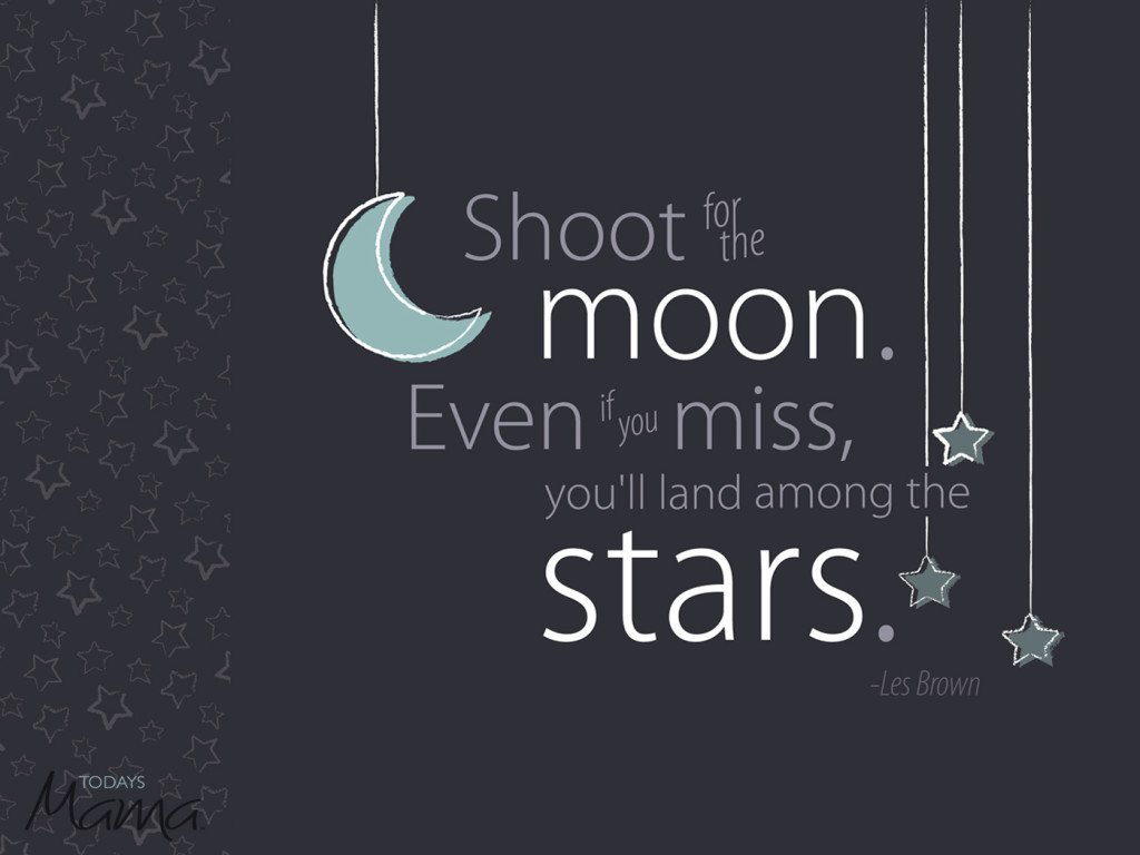 Inspirational quote wallpaper with a crescent moon and stars on a dark background. The quote reads: 