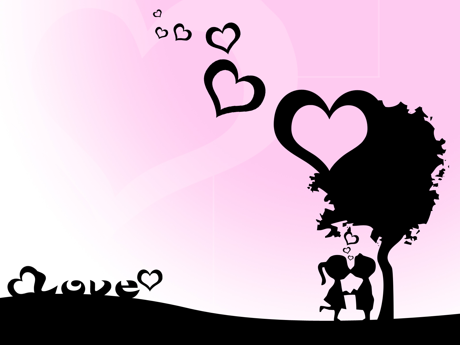 Silhouette of a couple kissing under a heart-shaped tree with floating hearts and the word 'love' in the foreground, set against a soft pink and white background