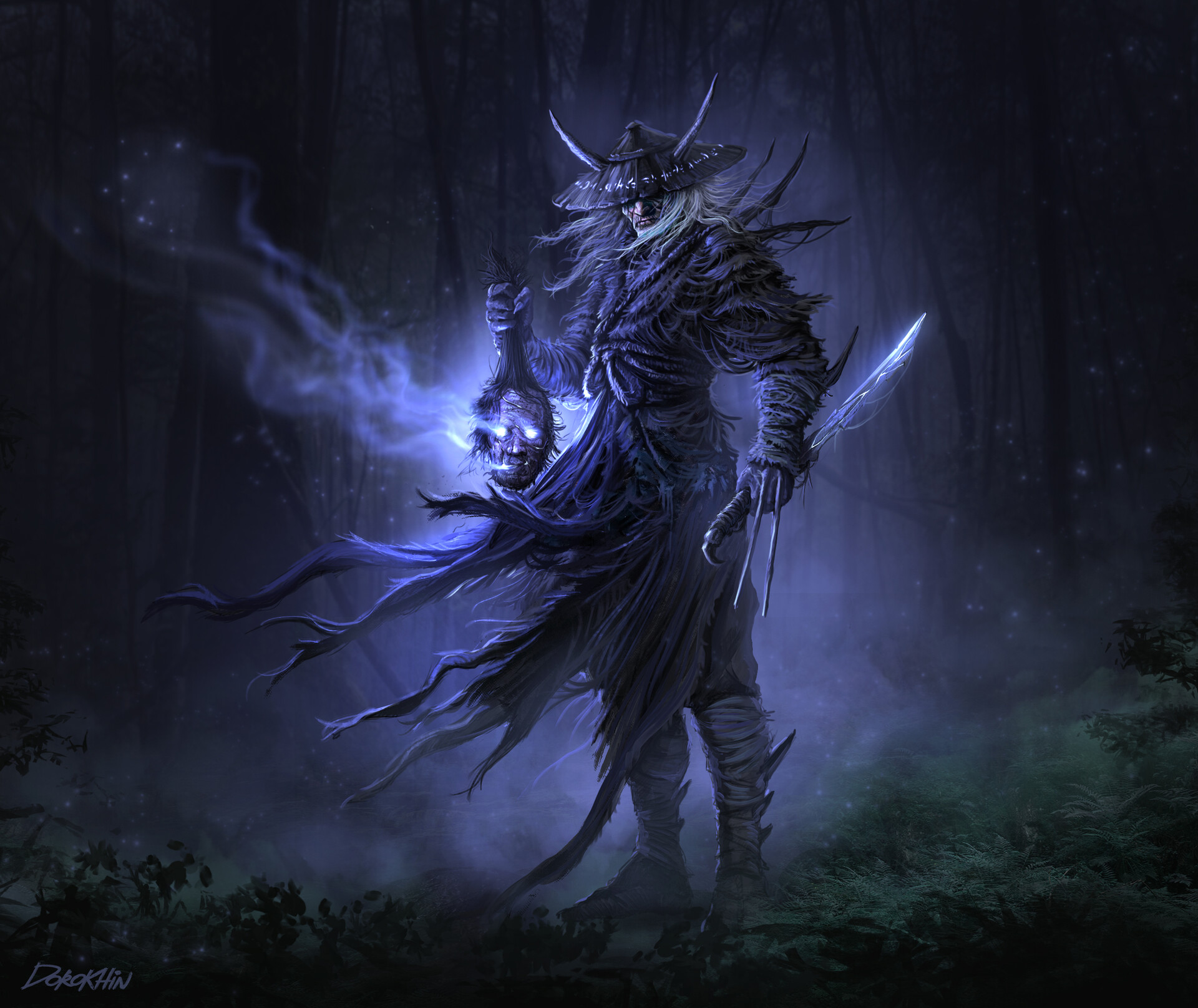 A dark fantasy samurai stands in a shadowy forest, holding a glowing, severed head. His attire is ragged and his expression grim, hinting at a sinister story