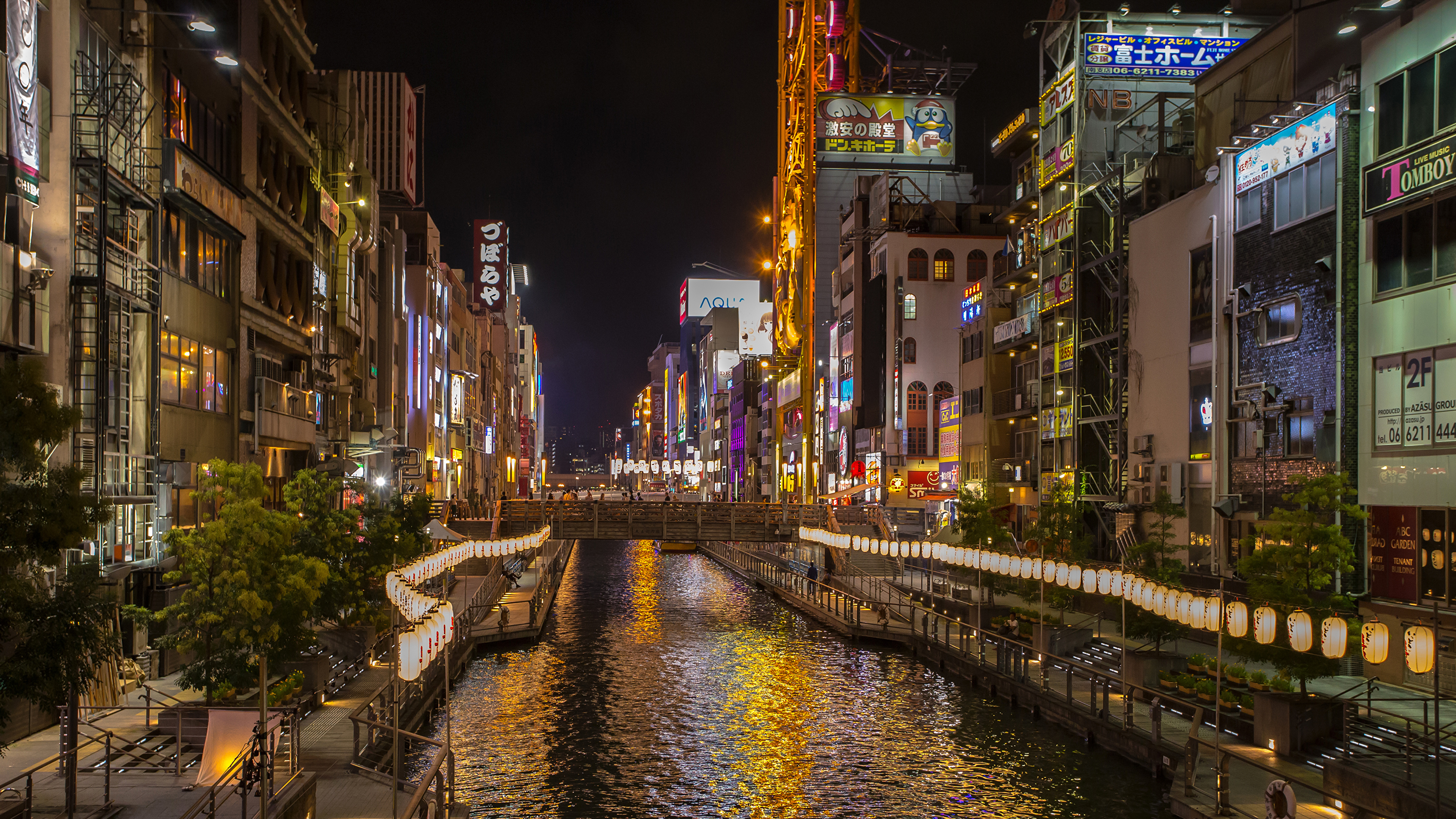 Wallpaper Japan Osaka Canal Rivers Night Time Cities