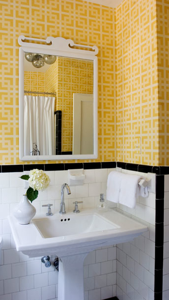 Yellow Geometric Wallpaper   Transitional   bathroom   Angie Hranowski