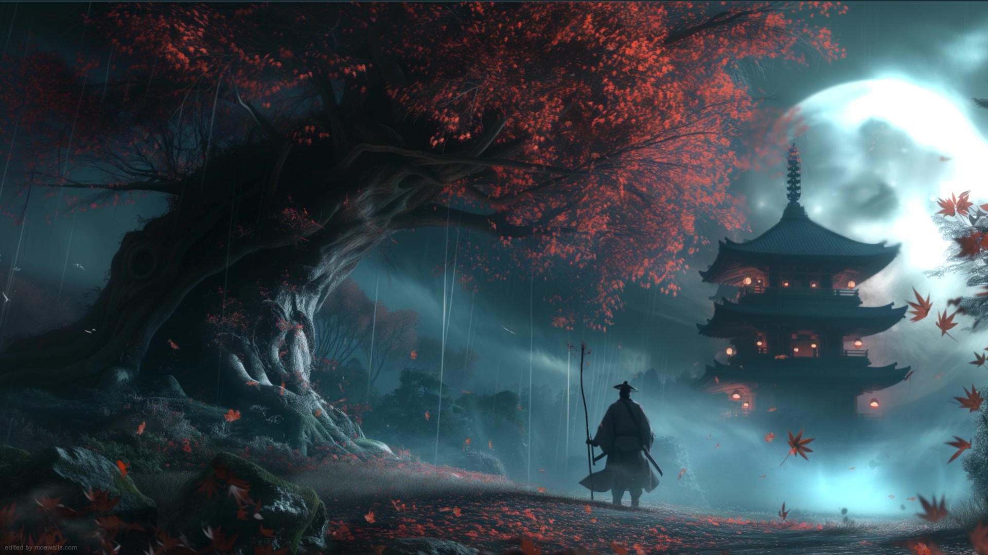 A lone samurai walks towards a traditional Japanese pagoda under a full moon, with red leaves falling from a nearby tree. Rain falls and fog drifts through the scene, creating a serene and mystical atmosphere