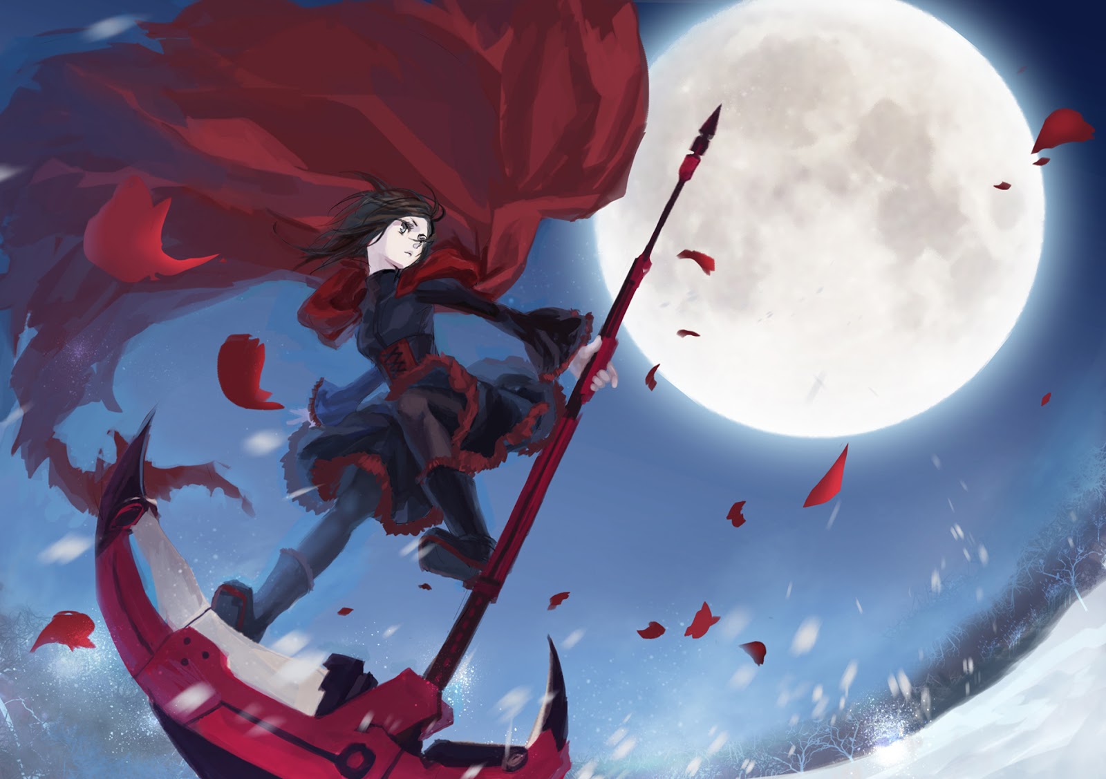 Red Rwby Anime Girl Death Scythe Full Moon Blac Dress Snow HD
