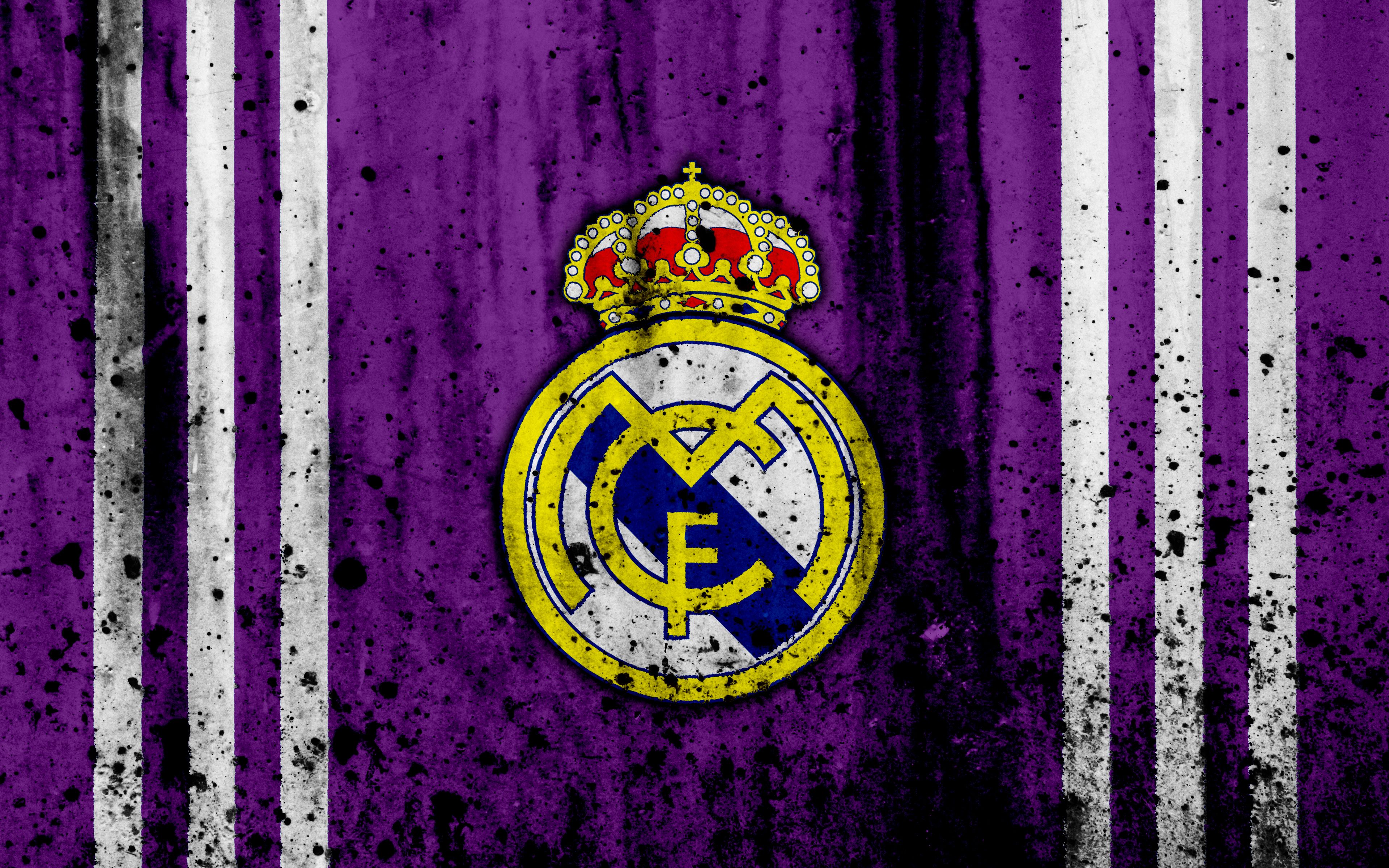 A grunge, purple-themed Real Madrid logo wallpaper with white stripes