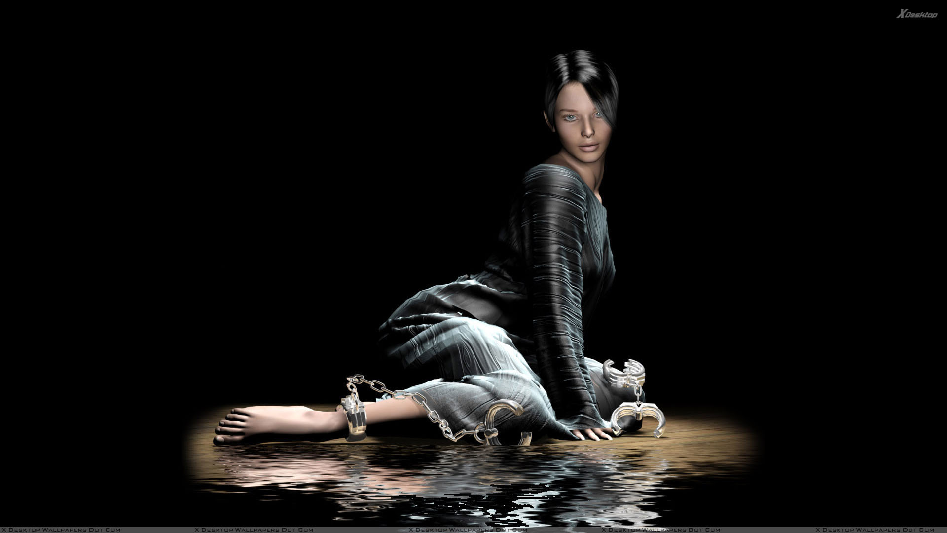 3d Girl Sitting In Water In Black Dress And Black Background Wallpaper 1920x1080