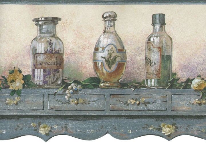 Blue Perfume Fragrance Bottles Apothecary Bath Shelf Vintage Country