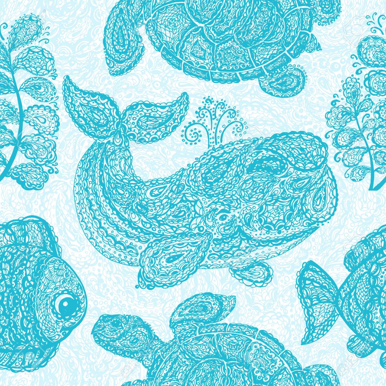 Sea Turtle Whale Water Plant And Fish In Doodle Paisley Mehndi