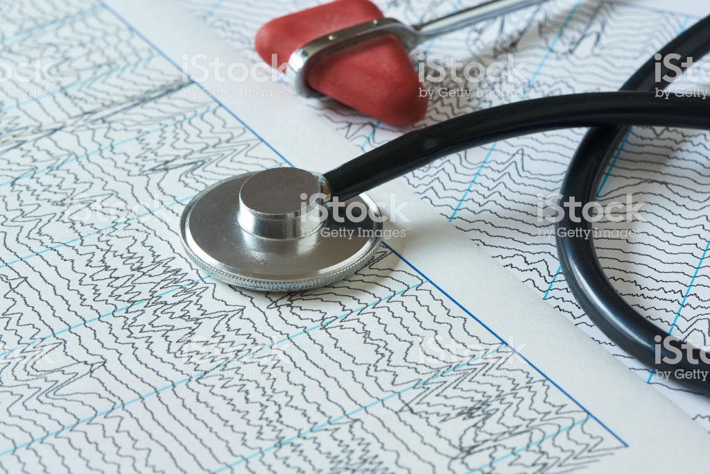 Concept Of Neurological Instruments On Brain Wave Background Stock
