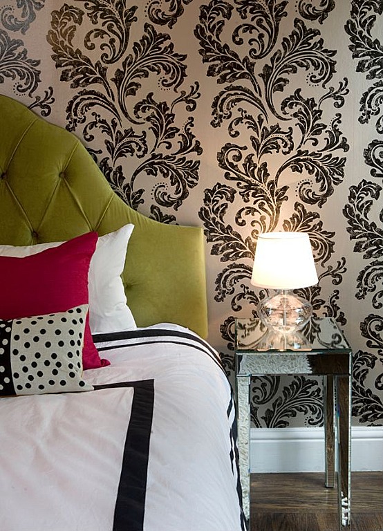 Black And White Graphic Wallpaper In A Bedroom Designed By Niche