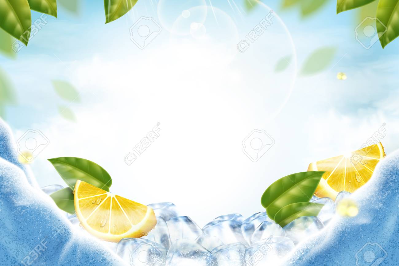 Lemon With Ice Cubes Refreshing Background In 3d Illustration