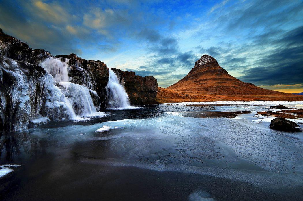 Kirkjufell Ice Iceland Mountain Waterfall