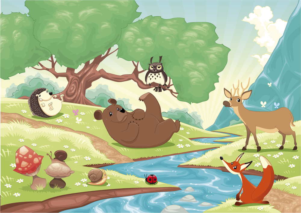 Cartoon Woodland Animals By The Stream Children S Wall Mural Ohpopsi