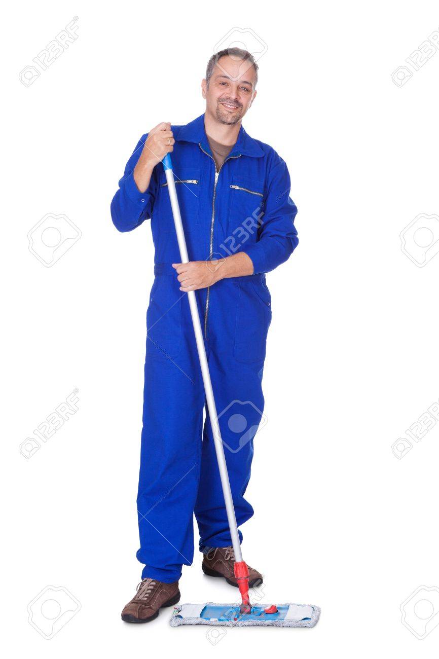 Happy Sweeper Cleaning Floor On White Background Stock Photo