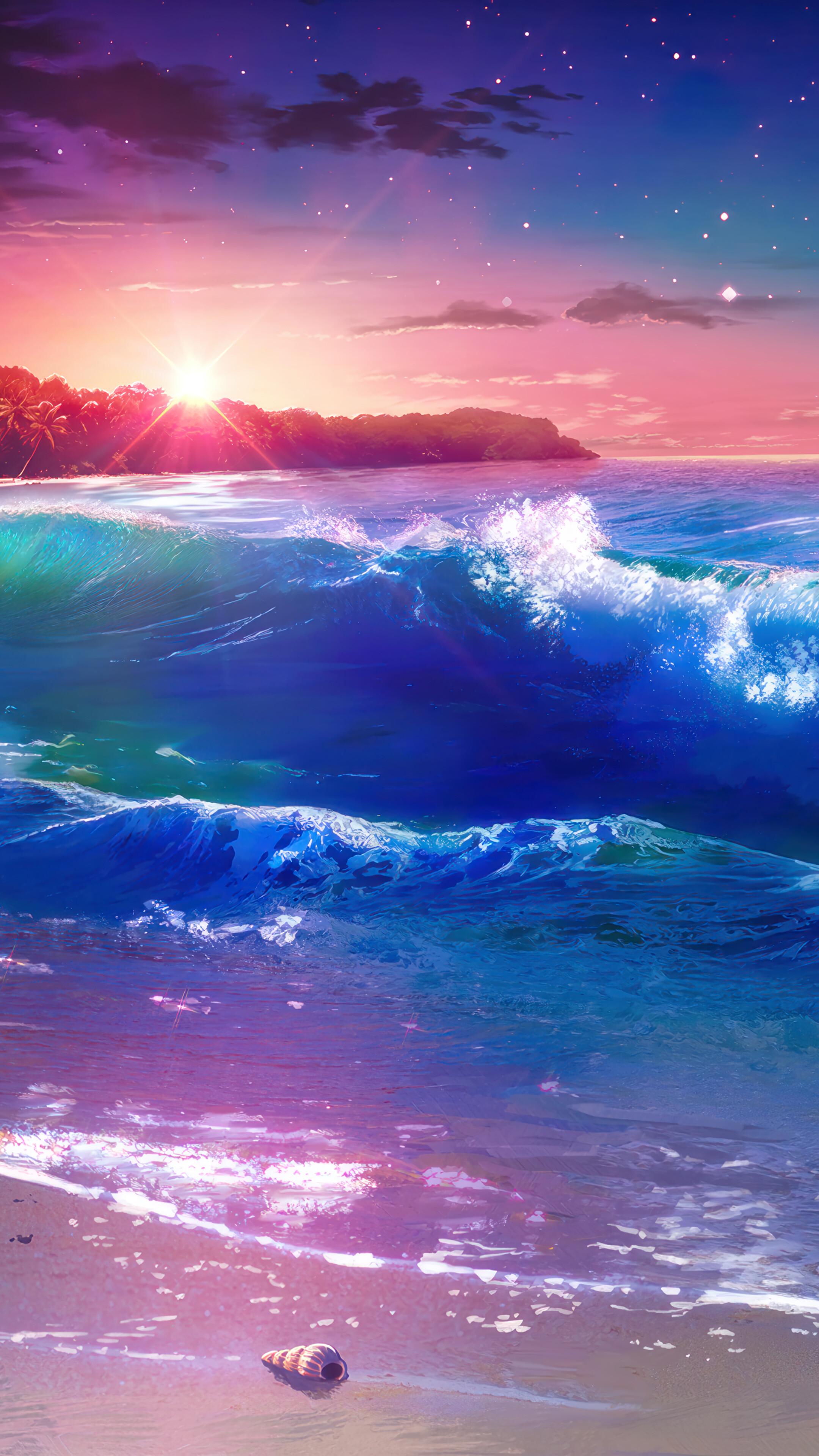 Beach Sunset Ocean Waves 4K Wallpaper iPhone HD Phone 6771k