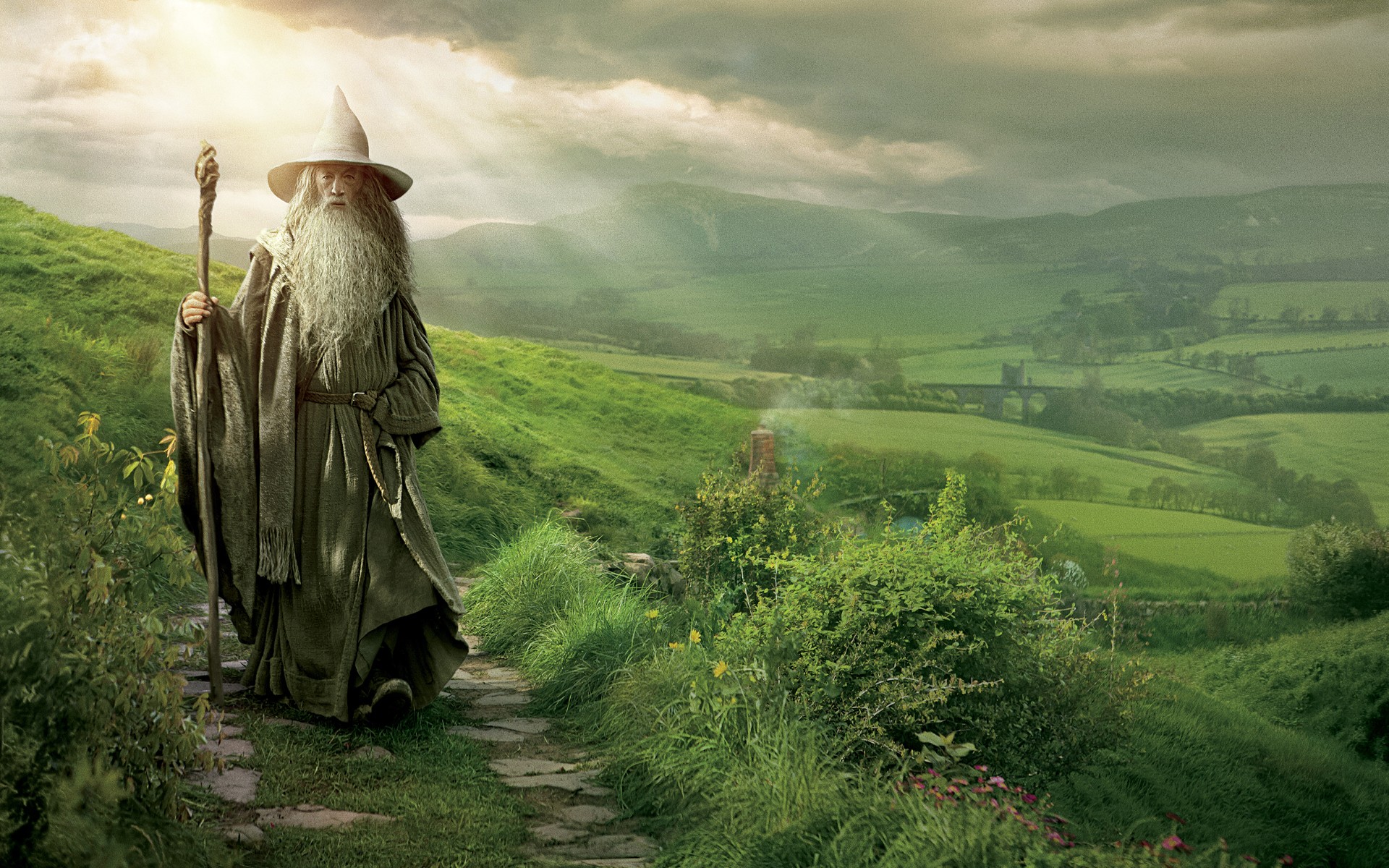 Gandalf the Grey walking through the Shire in The Lord of the Rings