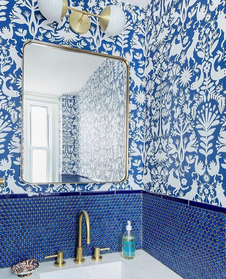 Otomi Navy In Powder Room Wallpaper Blue Bathroom Tile
