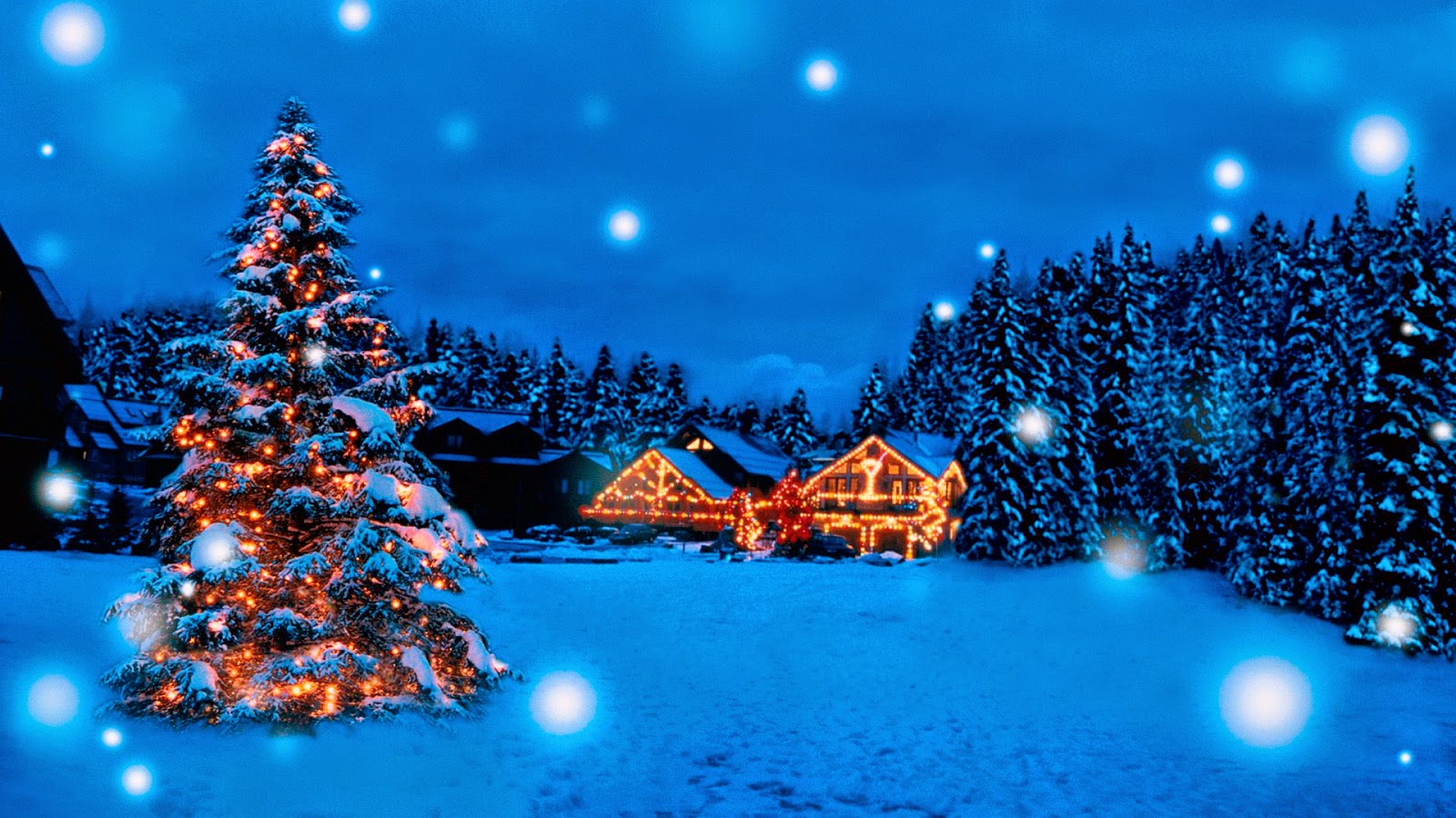 A picturesque Christmas scene with a snow-covered landscape, a brightly lit Christmas tree, and charming houses adorned with festive lights