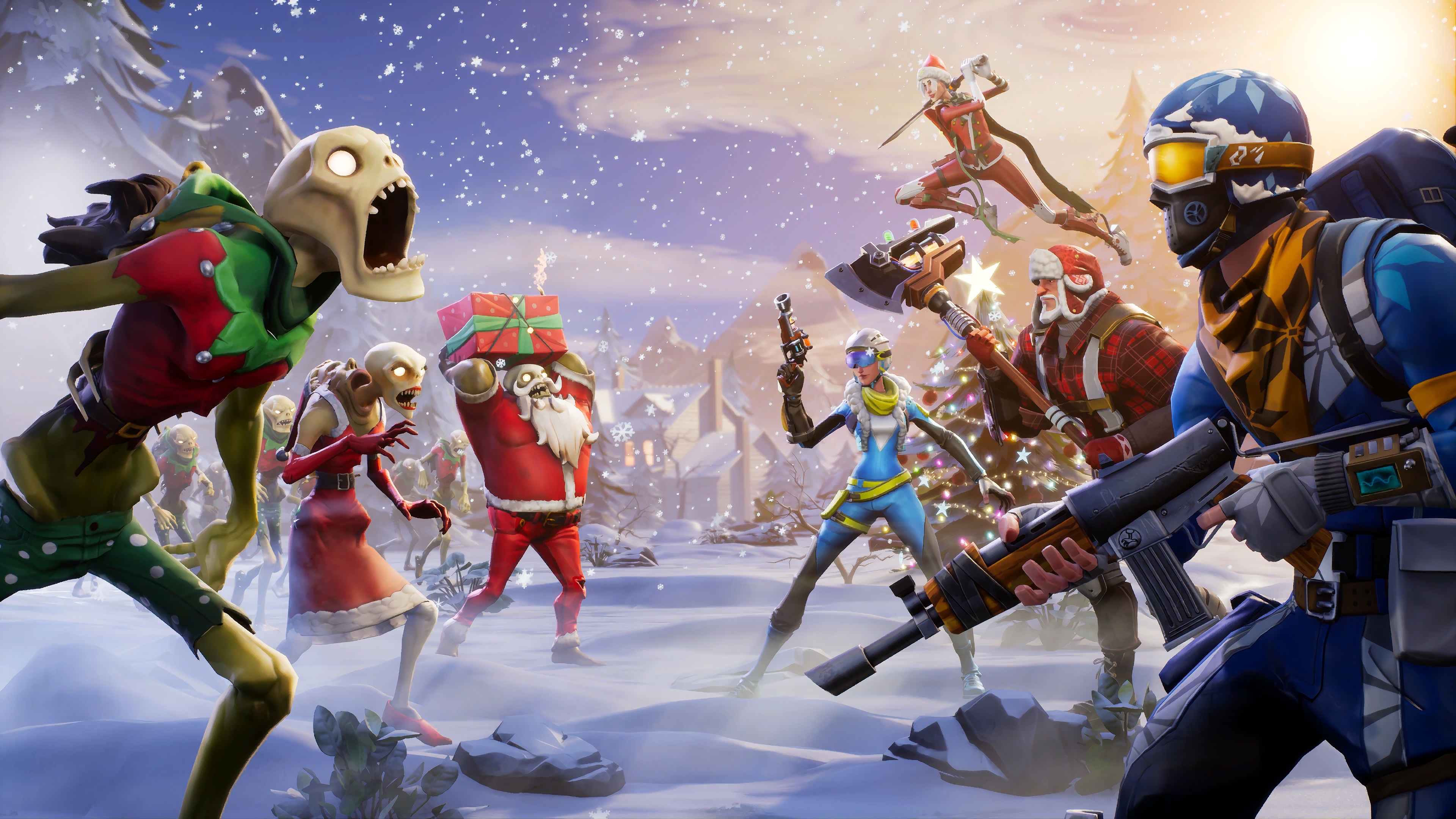 Fortnite characters battling in a snowy Christmas-themed landscape