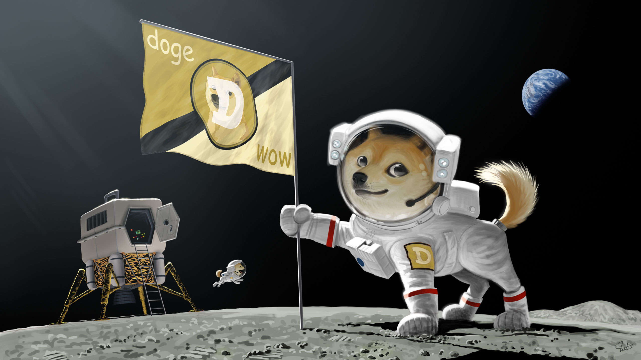 Doge Dog Astronaut Meme Moon Landing Earth Planet Flag wallpaper