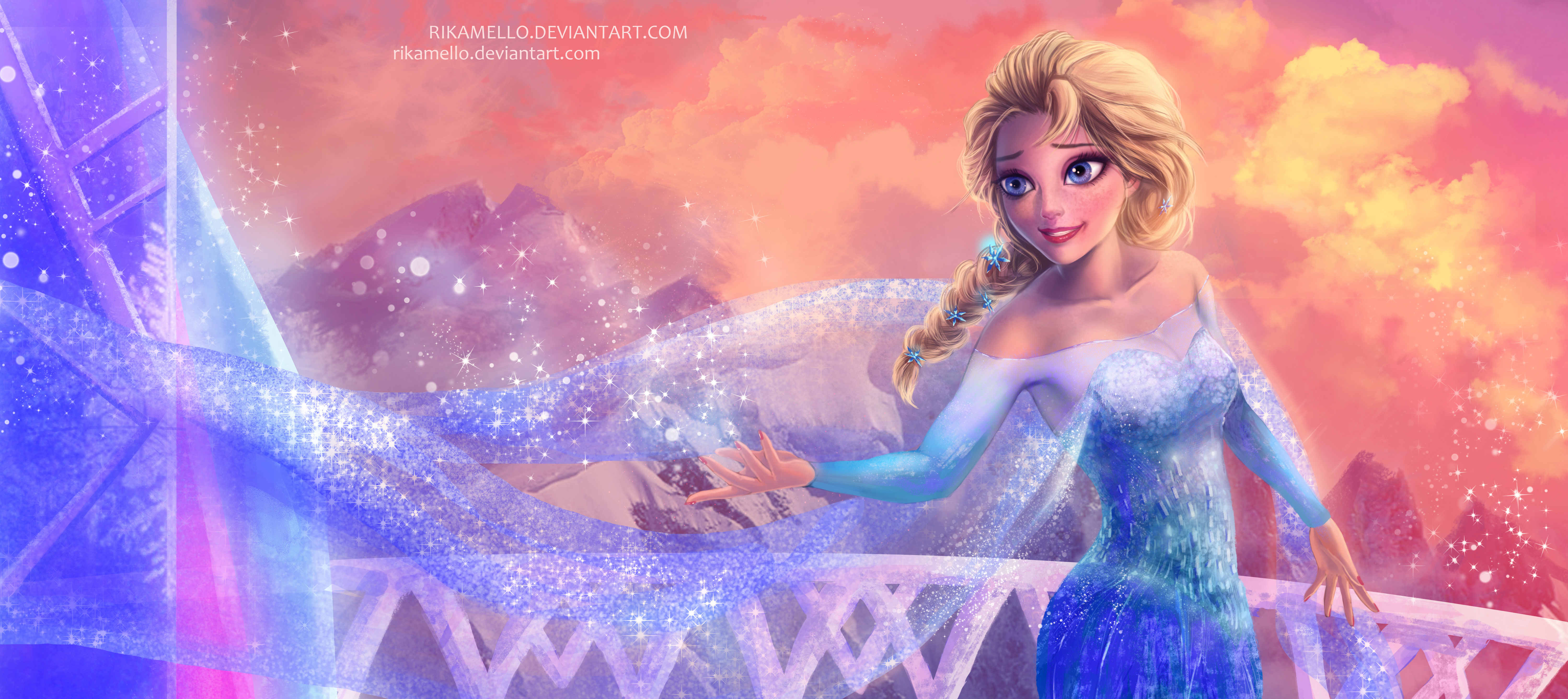 Elsa from Disney's Frozen stands on a balcony overlooking a snowy mountain range, her cape flowing in the wind as she conjures ice magic