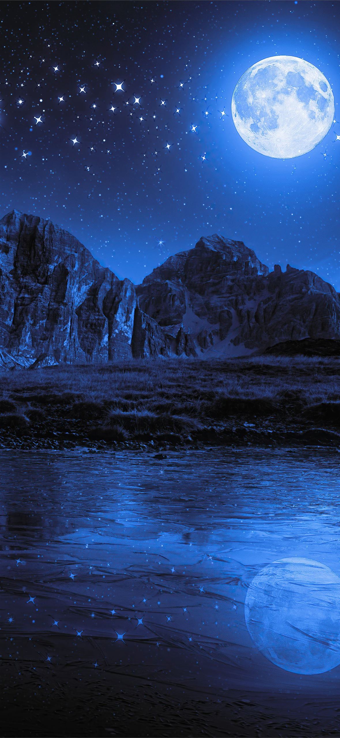 Night Beach Moon Stars Landscape Mountains iPhone Wallpaper