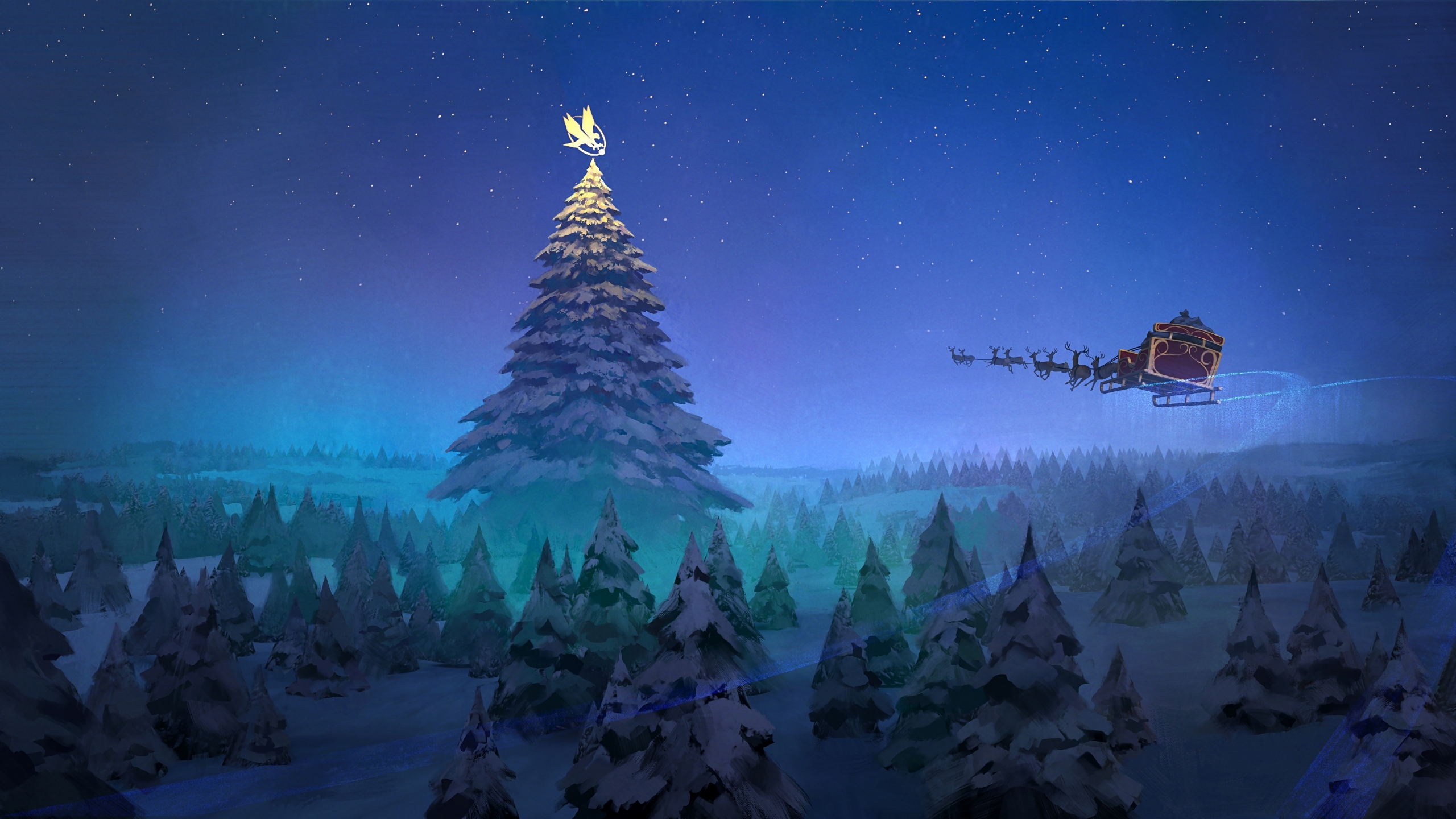 Santa Claus Flying Christmas Tree Stars