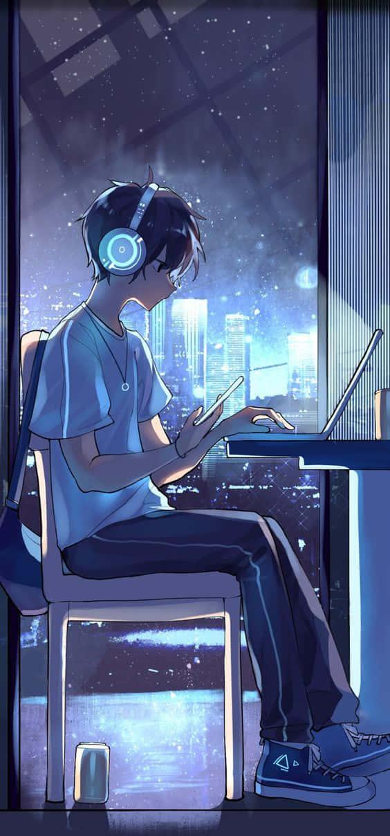 Free download Download An introspective Anime Boy at his Computer