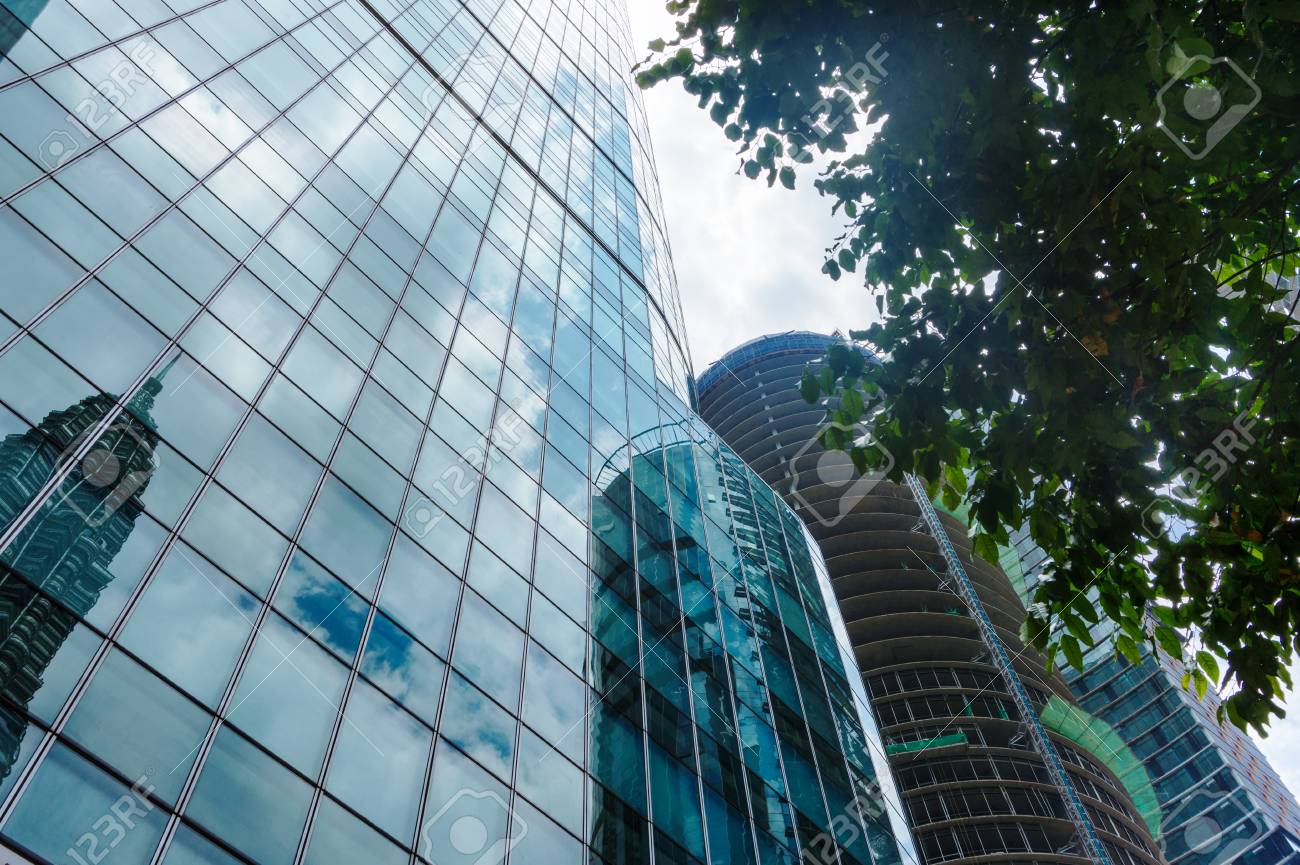 Modern Glass Skyscrapers Background With Tree And Reflection Stock