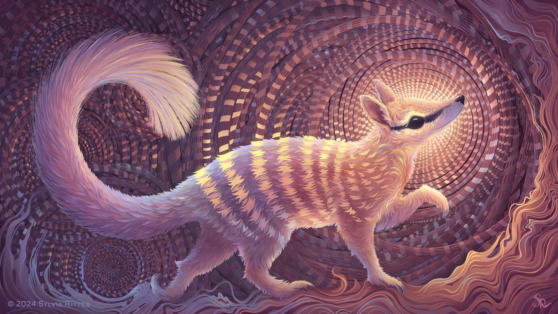 A digital painting of a numbat, showcasing its distinctive striped back and bushy tail, set against a backdrop of swirling patterns