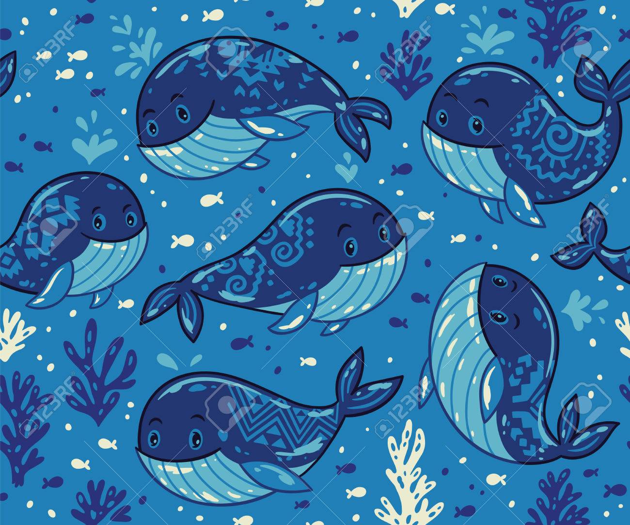 Cute Background With Cartoon Blue Whales Sea Life Vector