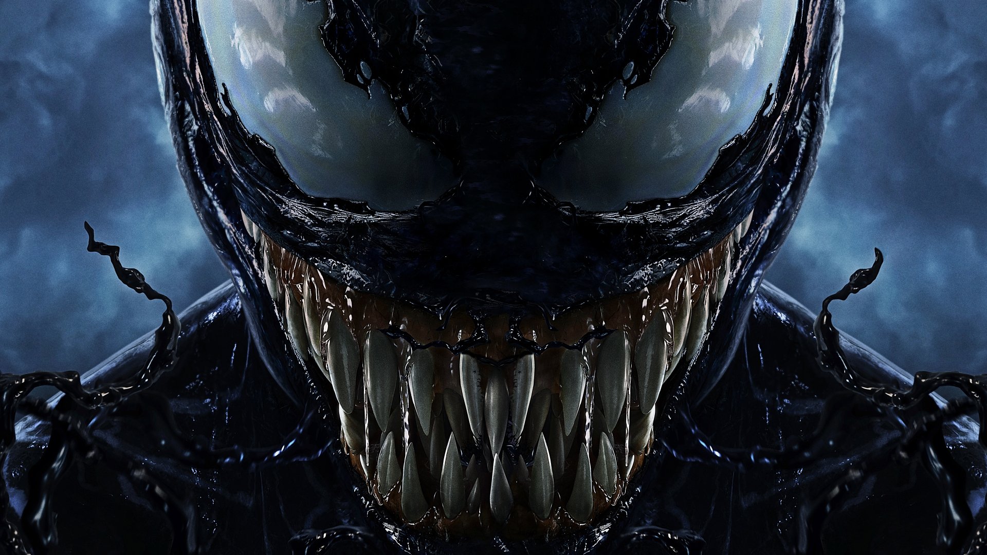 Close-up of Venom's face, showcasing its sharp teeth and menacing expression, against a dark, cloudy backdrop