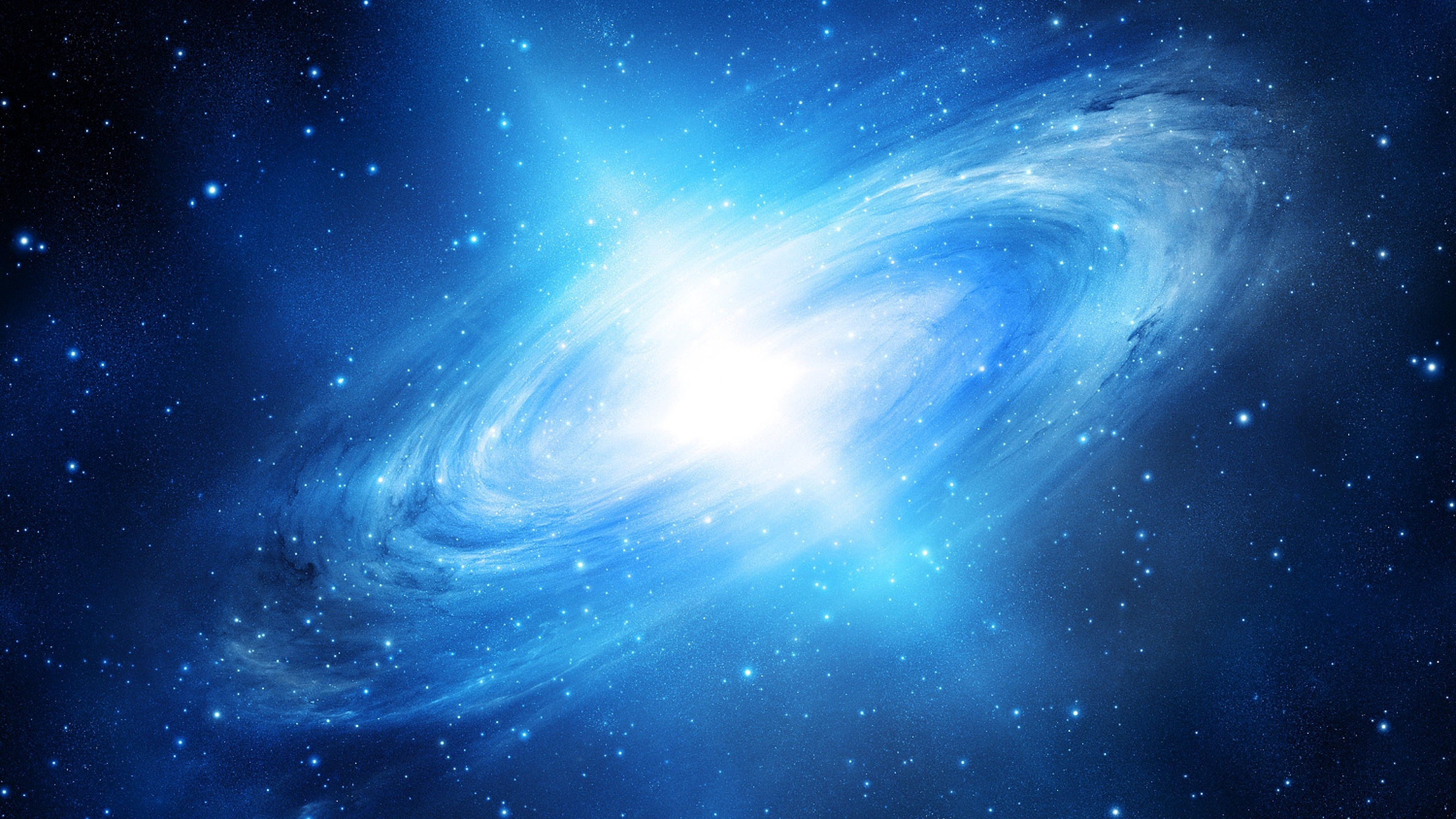 A breathtaking spiral galaxy with a bright core, surrounded by swirling blue nebulae and countless stars