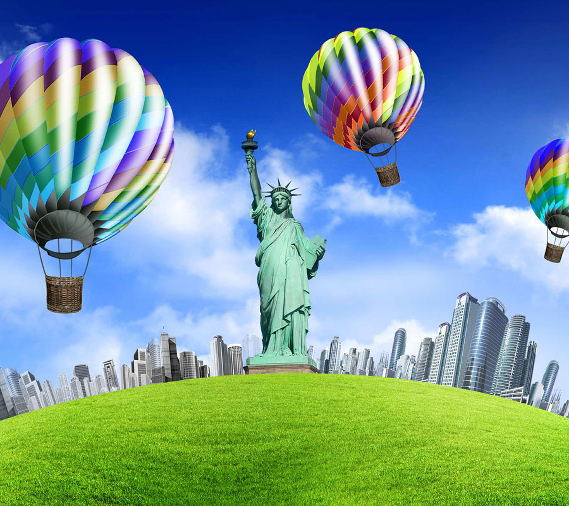 Hot air balloons soar over a vibrant green hill with the Statue of Liberty standing proudly. City skyscrapers form a stunning backdrop under a clear blue sky