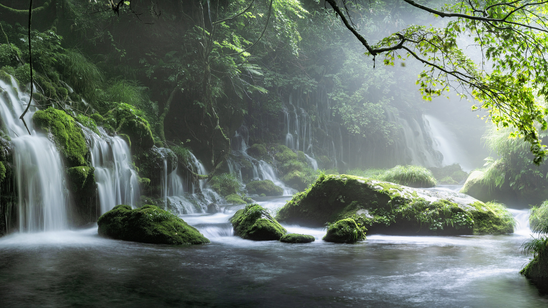 Spring Waterfall Stone Fog Mist Green Forest 8k Laptop Full Wallpaper
