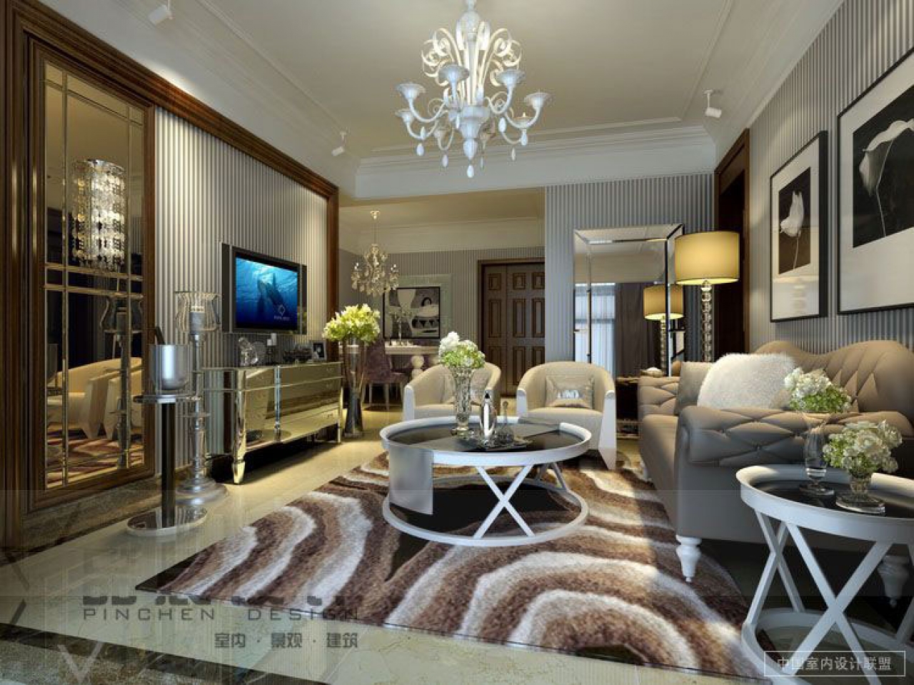 Classic Luxury Living Room Designs Striped Wallpaper