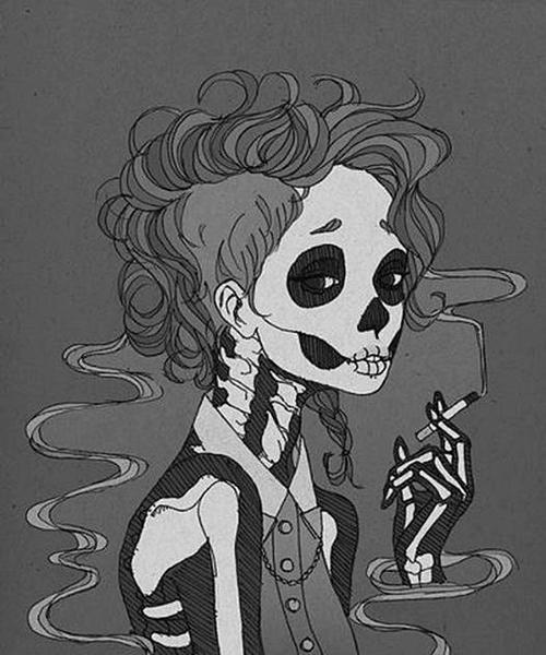 Tattoo Girl Smoking Skeleton
