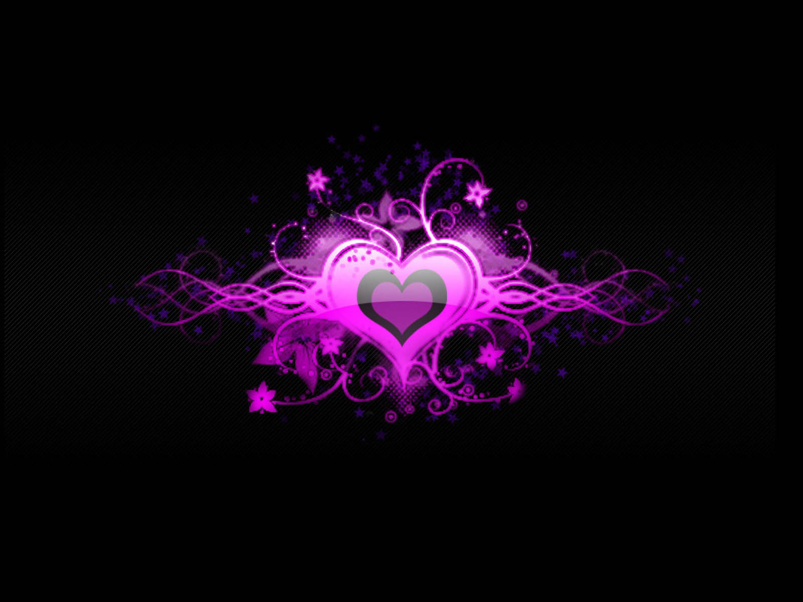 A vibrant pink and purple heart graphic design on a black background, with swirling flourishes and sparkling accents, creating a stylish and romantic image ideal for heart-themed wallpapers