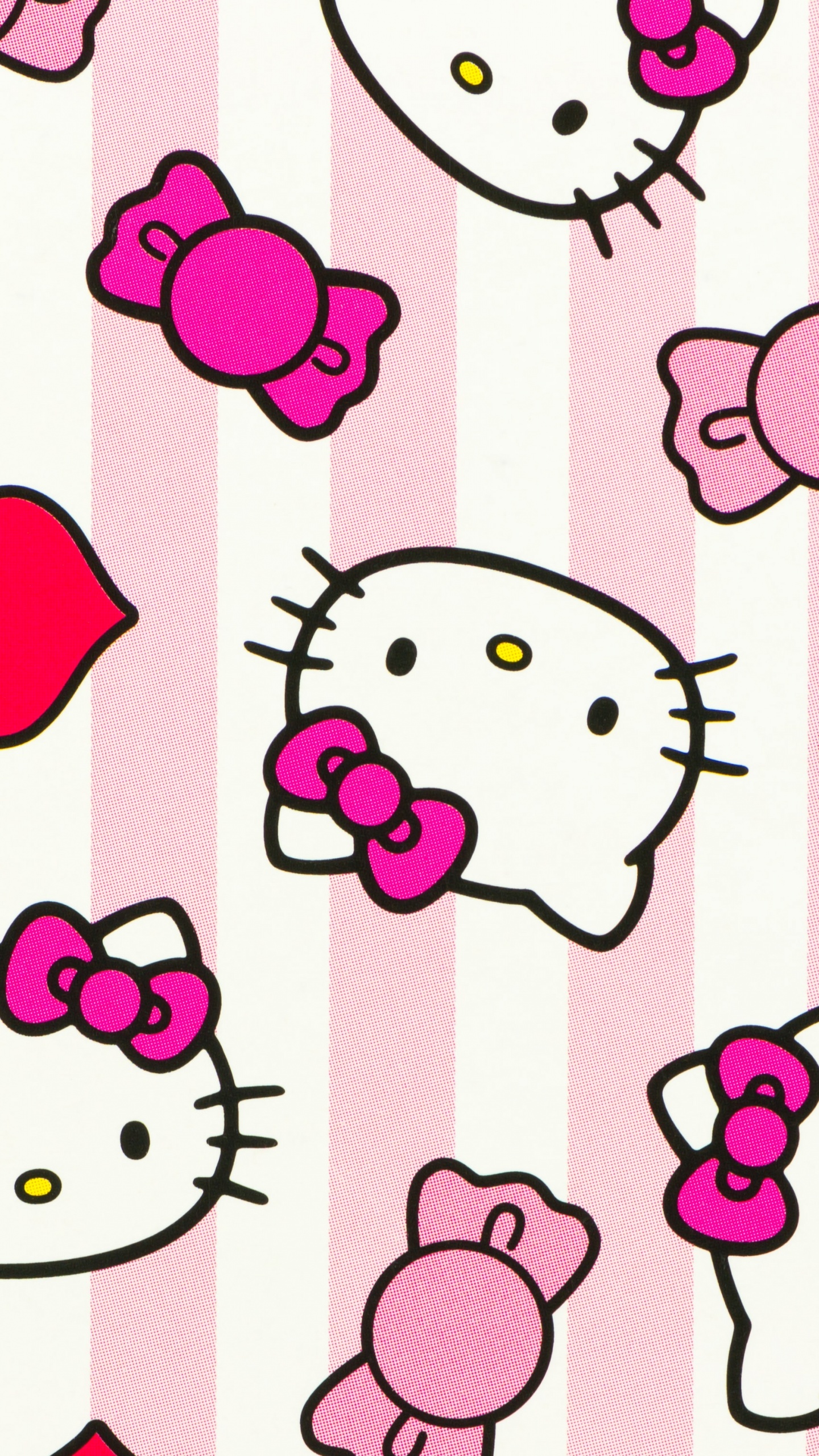 Close-up of a Hello Kitty pattern on fabric or wallpaper. Features Hello Kitty faces and pink bows on a pink and white striped background
