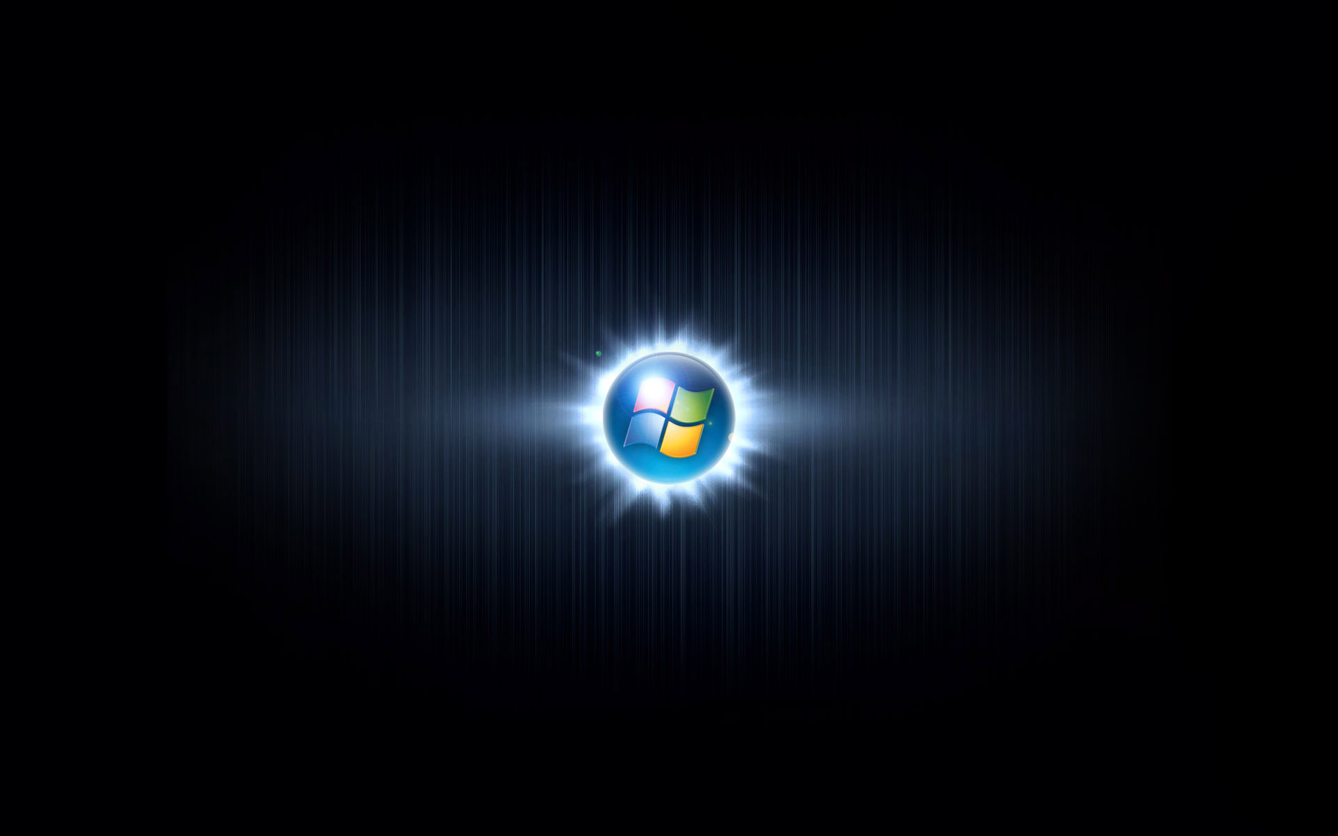 A dark, textured background with subtle vertical lines and a glowing Windows logo orb in the center