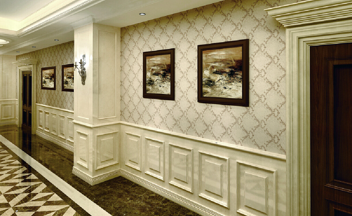 Corridor with wallpaper and marble floors