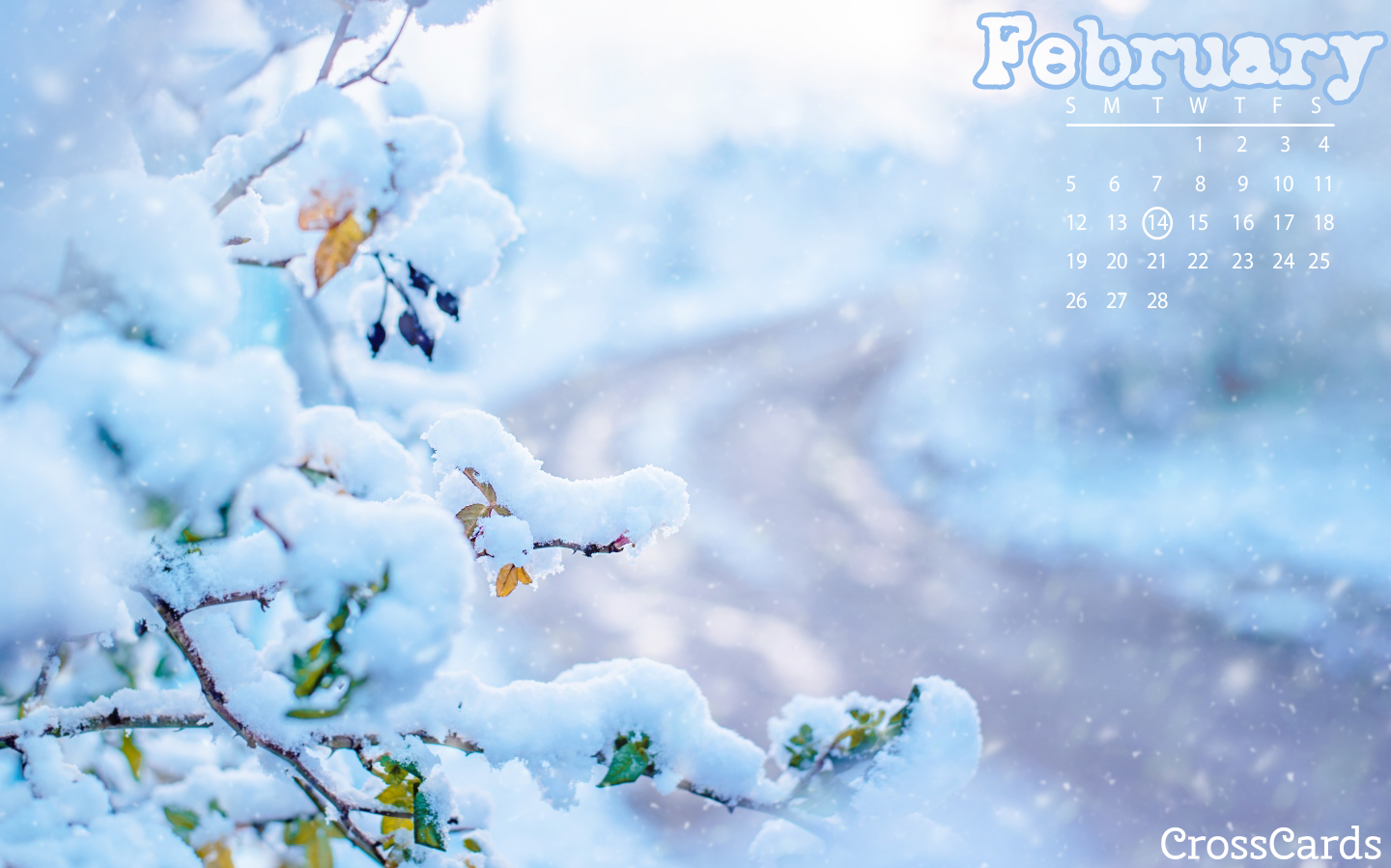 February Snow Day Desktop Calendar Wallpaper