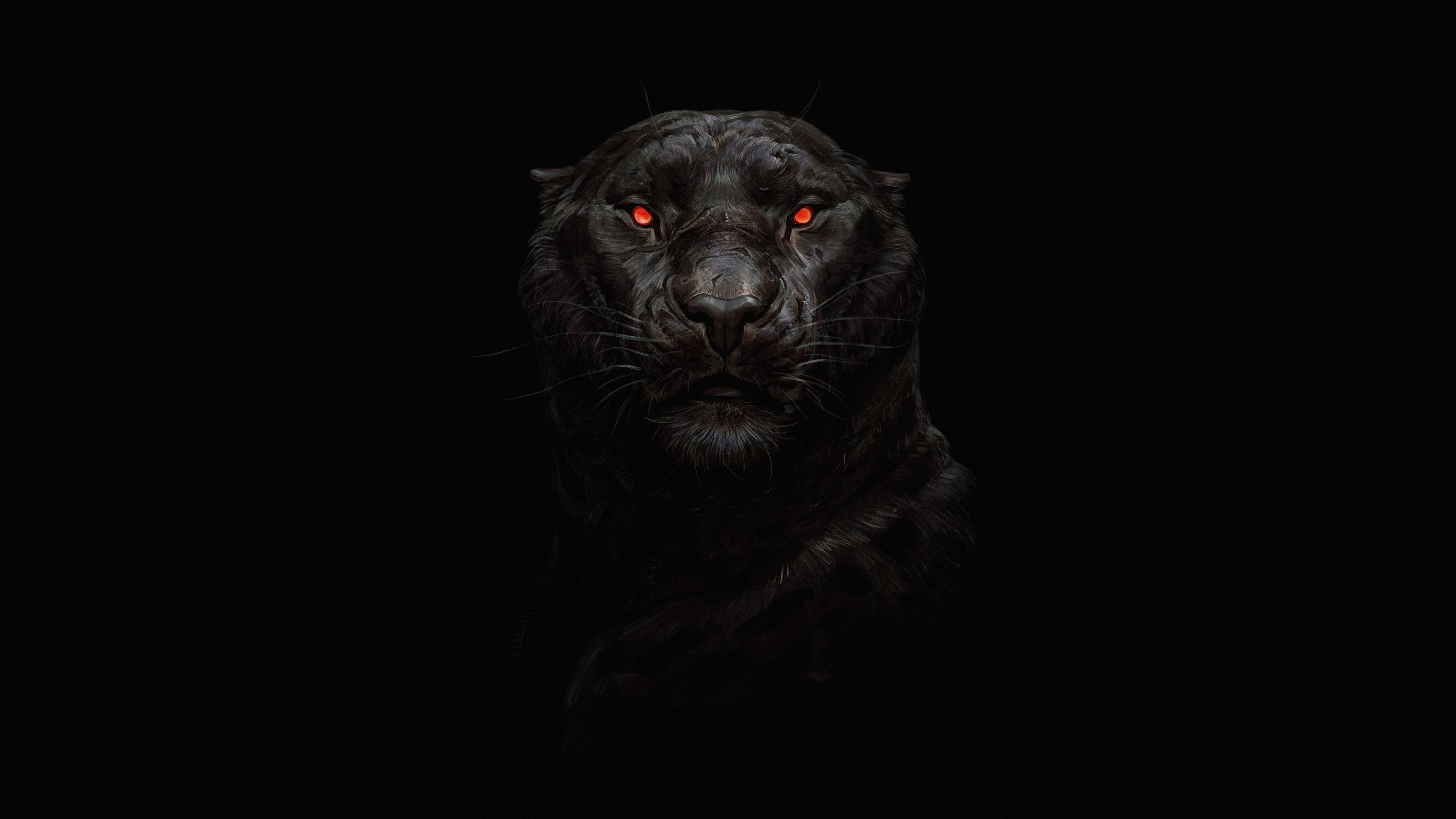 A dark, dramatic portrait of a black panther with glowing red eyes against a pitch-black background