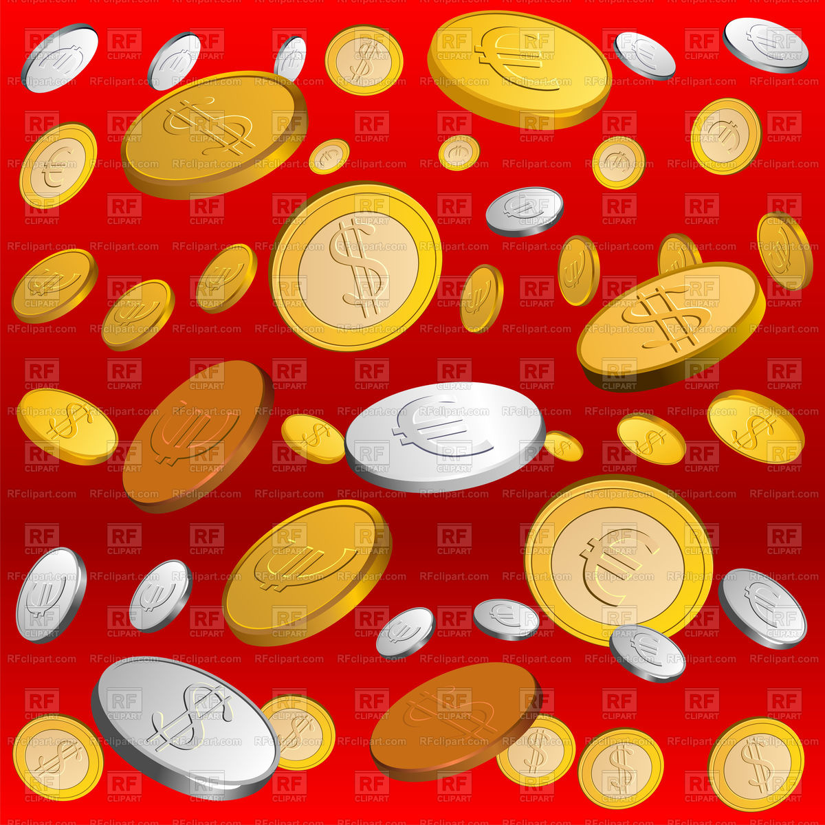 Rain Of Money Falling Coins On Red Background Vector Stock