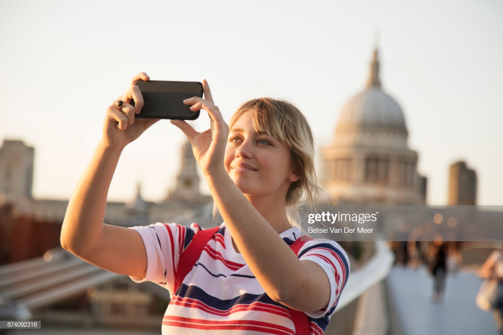 Woman Takes Selfie On Millenium Footbridge St Pauls Cathedrale In