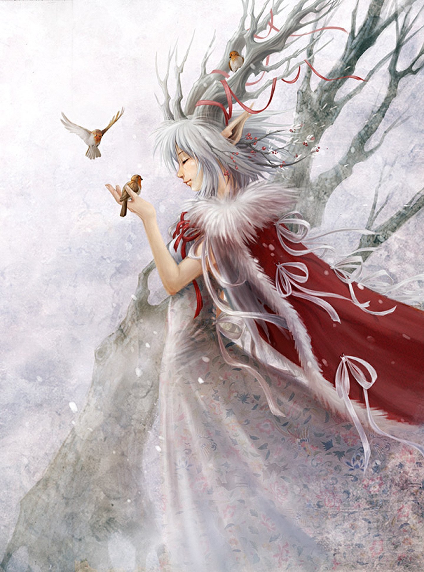 animal bird white fairy red cloak snow tree wallpaper background