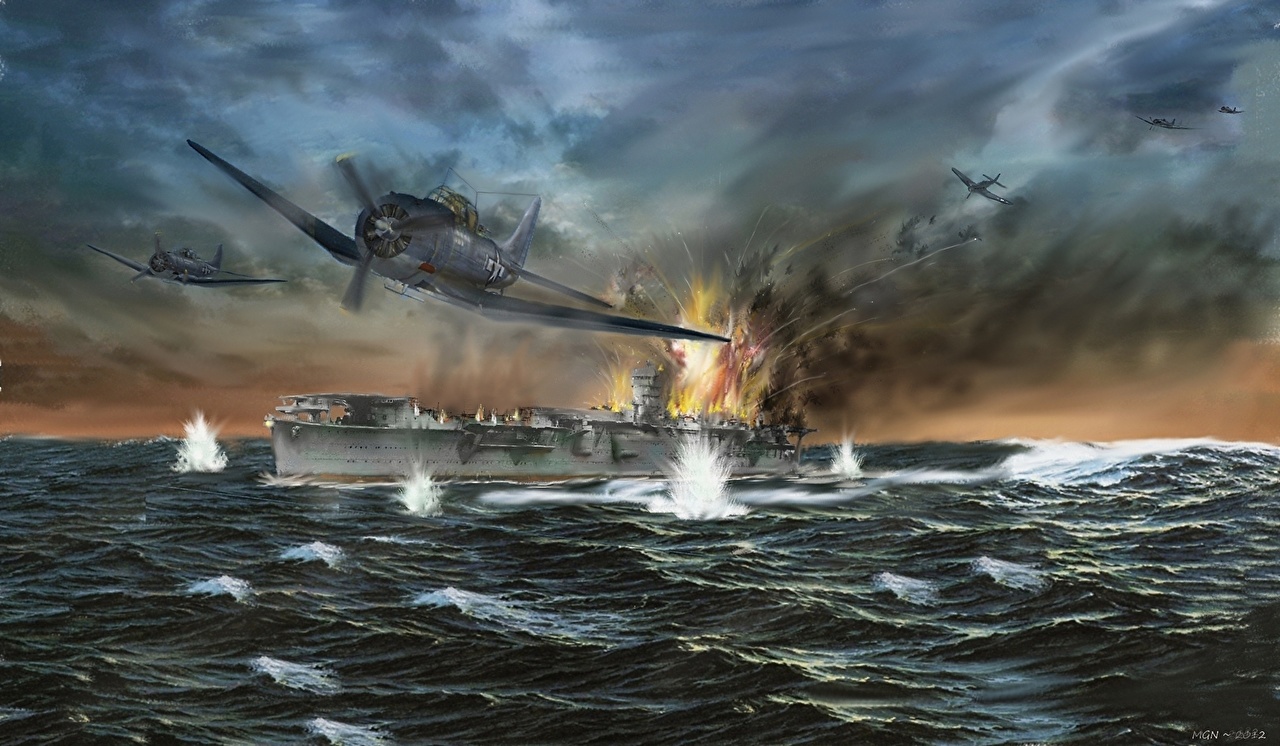 Photo Airplane War Final Battle At Midway June Ships