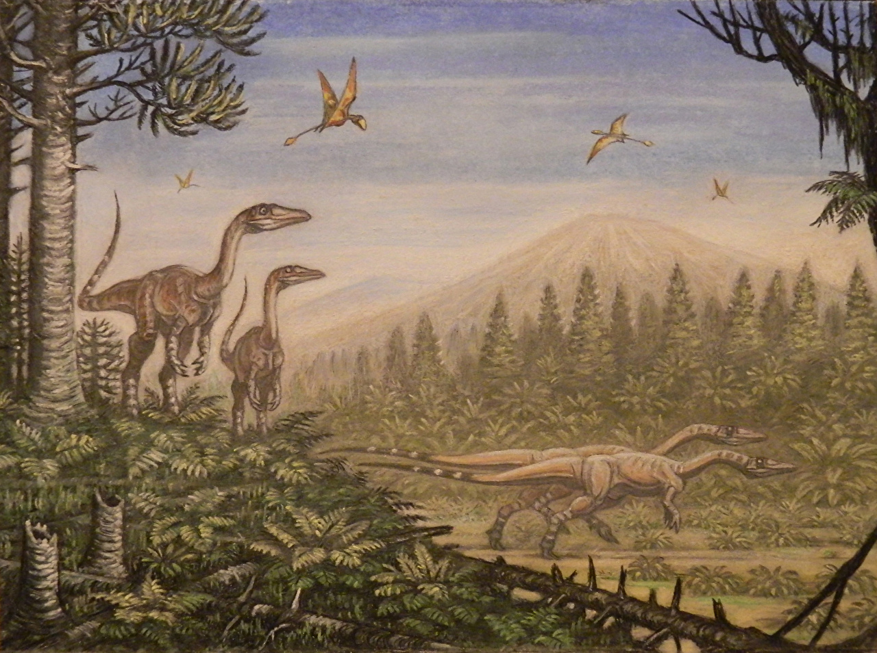 Photo Dinosaurs Coelophysis Peteinosaurus Animals Painting Art