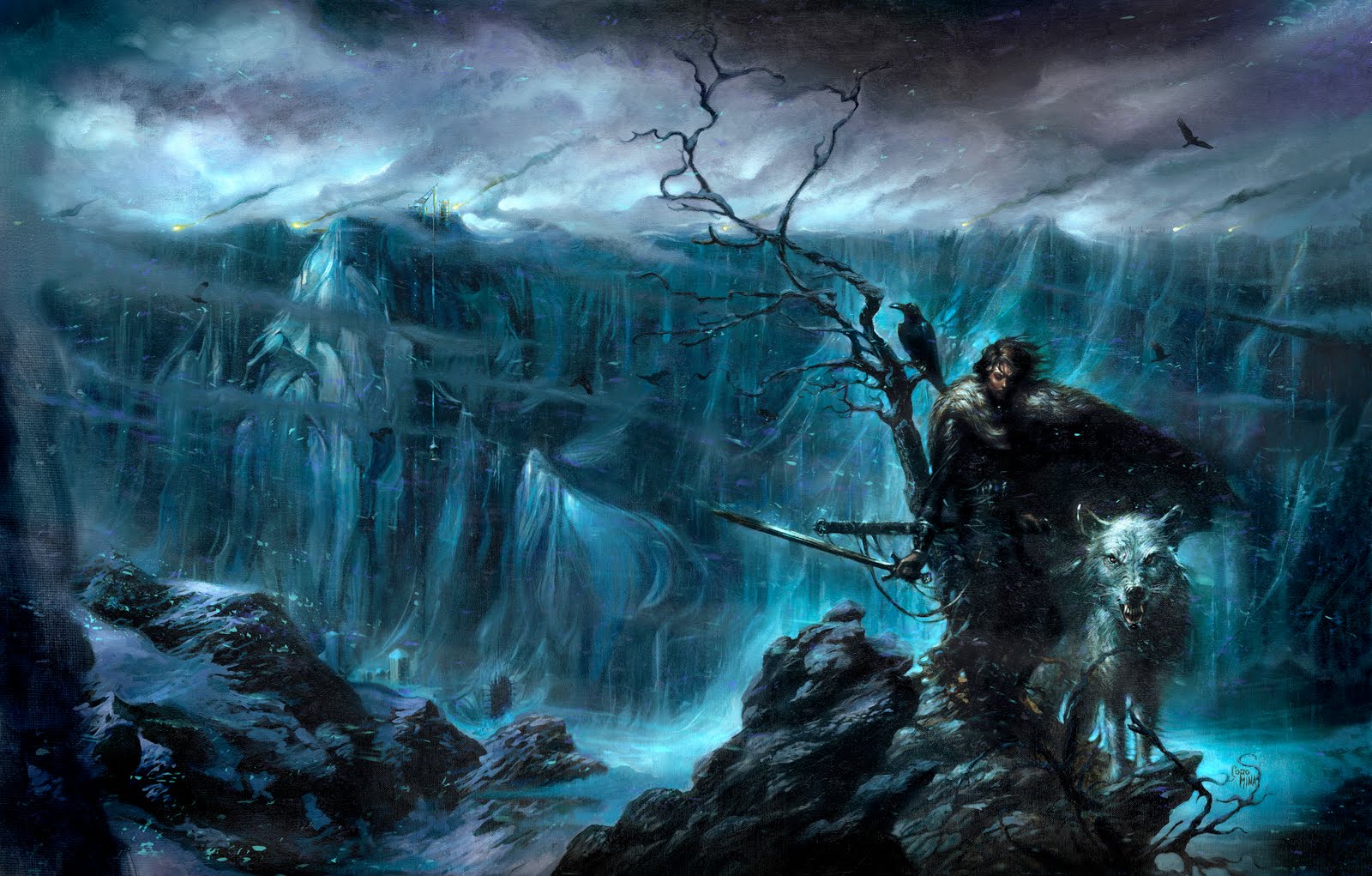 Jon Snow Wolf Direwolf Sword Snow Winter Drawing wallpaper background 1600x1021
